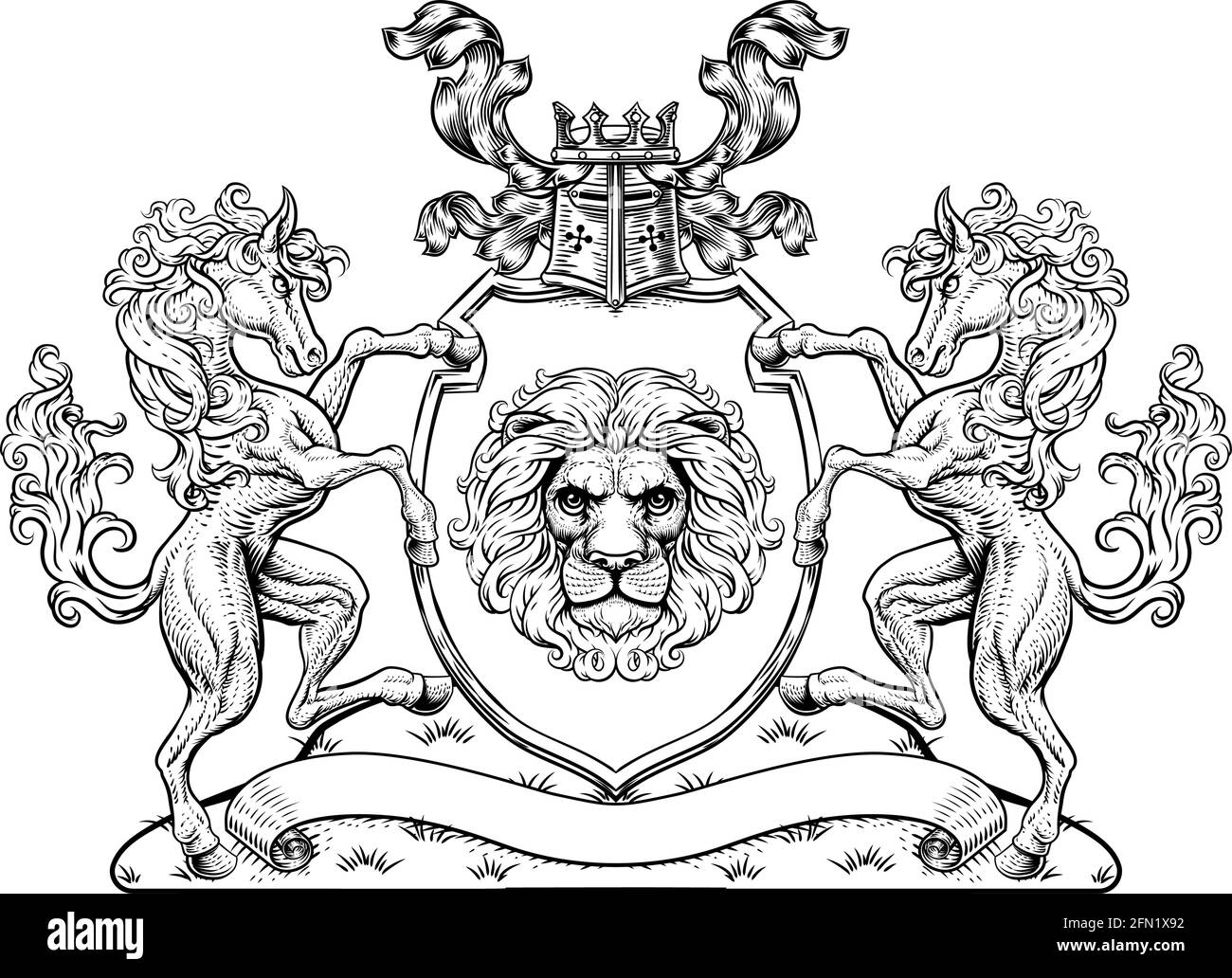 Coat of Arms Crest Horses Lion Family Shield Seal Stock Vector
