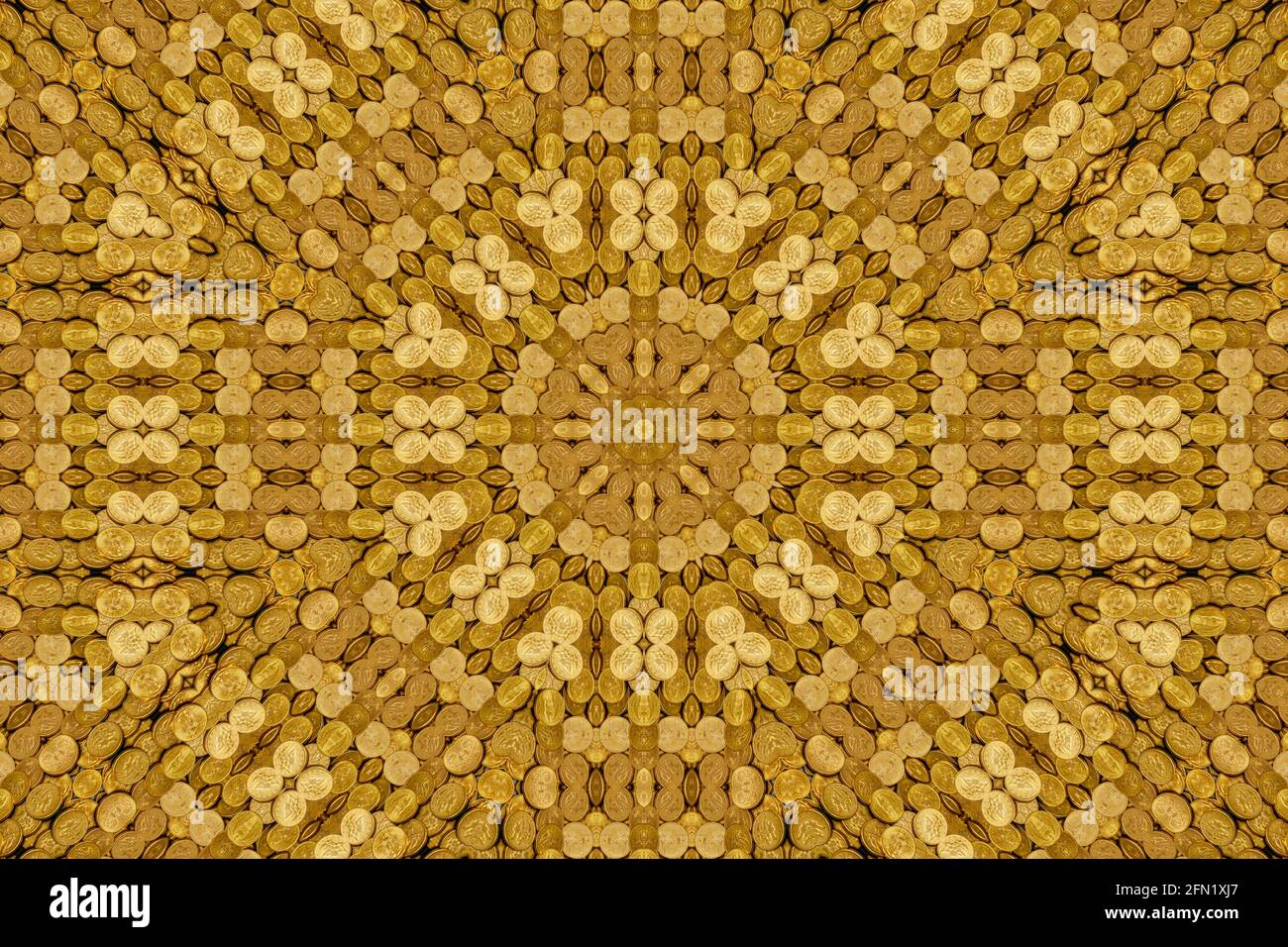 Kaleidoscope abstract pattern of American gold coin treasure hoard of the rare USA double eagle 20 dollar bullion currency coinage used in the late 19 Stock Photo