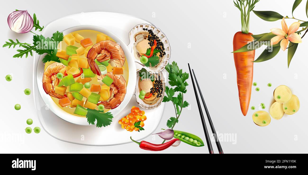 Tom Yam soup with shrimps and scallops with black caviar. Stock Photo