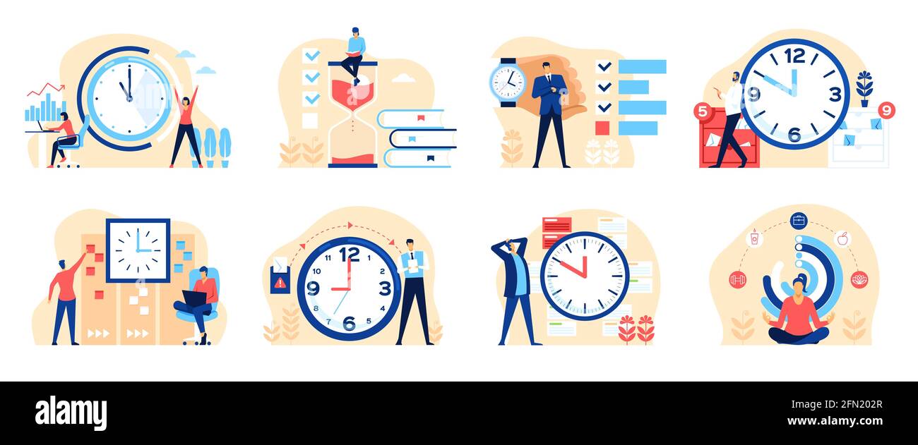 Time management. Productive business people organizing their time. Effective work planning, multitasking concept with clocks and hourglass vector set. Office productivity, workflow Stock Vector