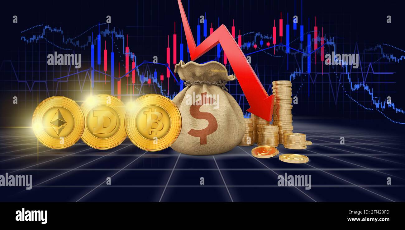 Decline or market crash concept. Different cryptocurrency coins, money bag, charts and red arrow pointing down. 3D rendering Stock Photo