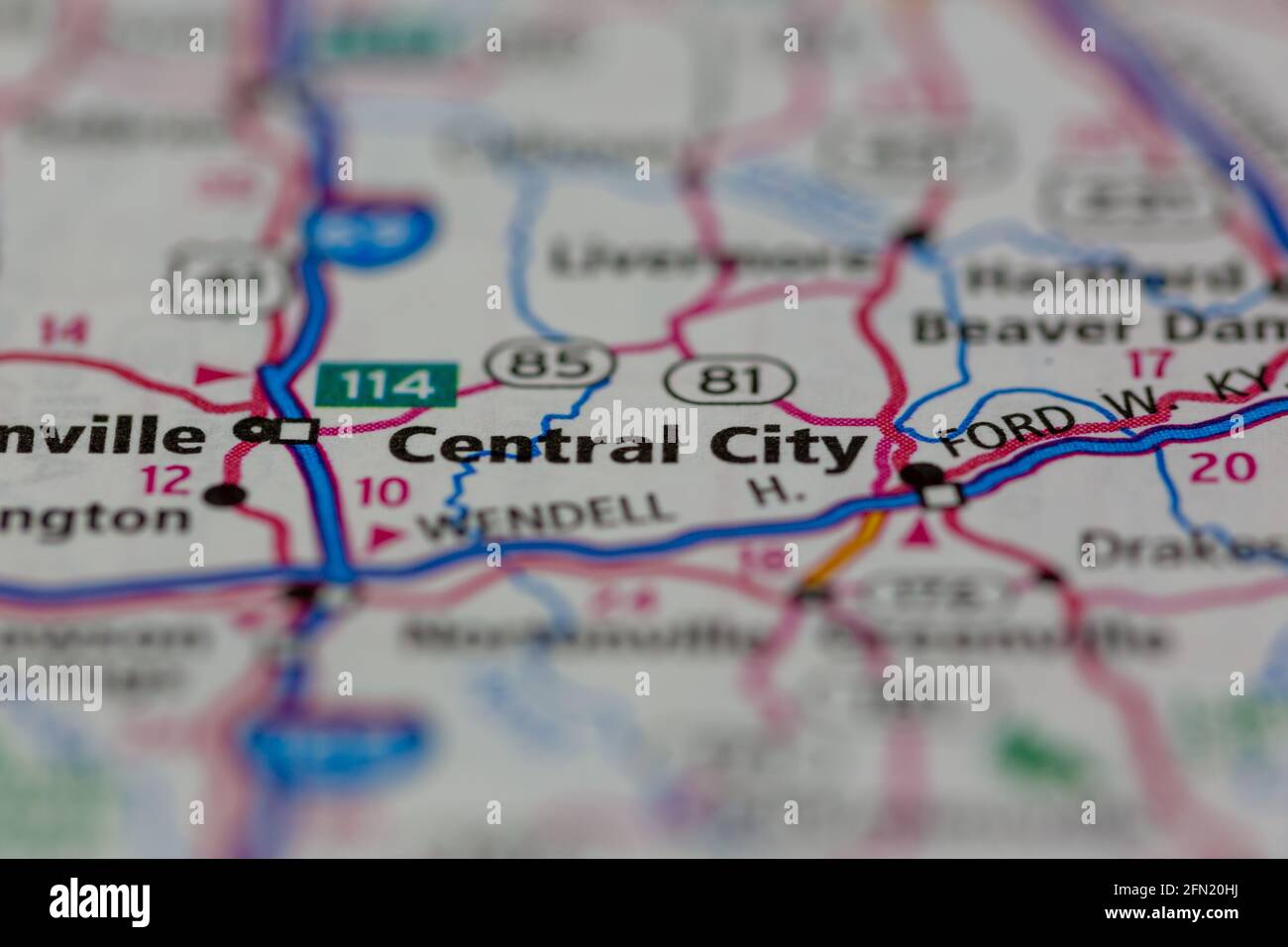 Central City Kentucky USA shown on a Geography map or road map Stock Photo