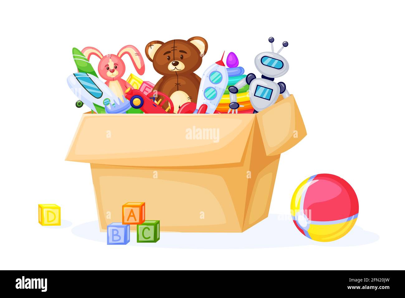 Kids toys in cardboard box. Cute cartoon ball, teddy bear, rocket,  airplane, blocks. Playroom container for children to play vector  illustration. Objects for games and entertainment Stock Vector Image & Art -