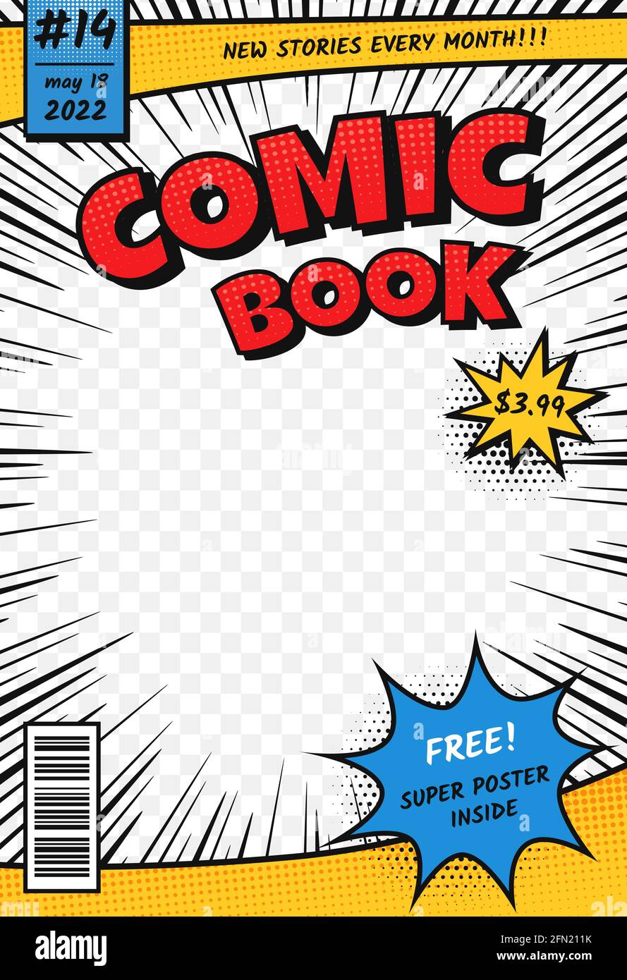 Comic book cover. Retro comics title page template in pop art style.  Cartoon superhero magazine with