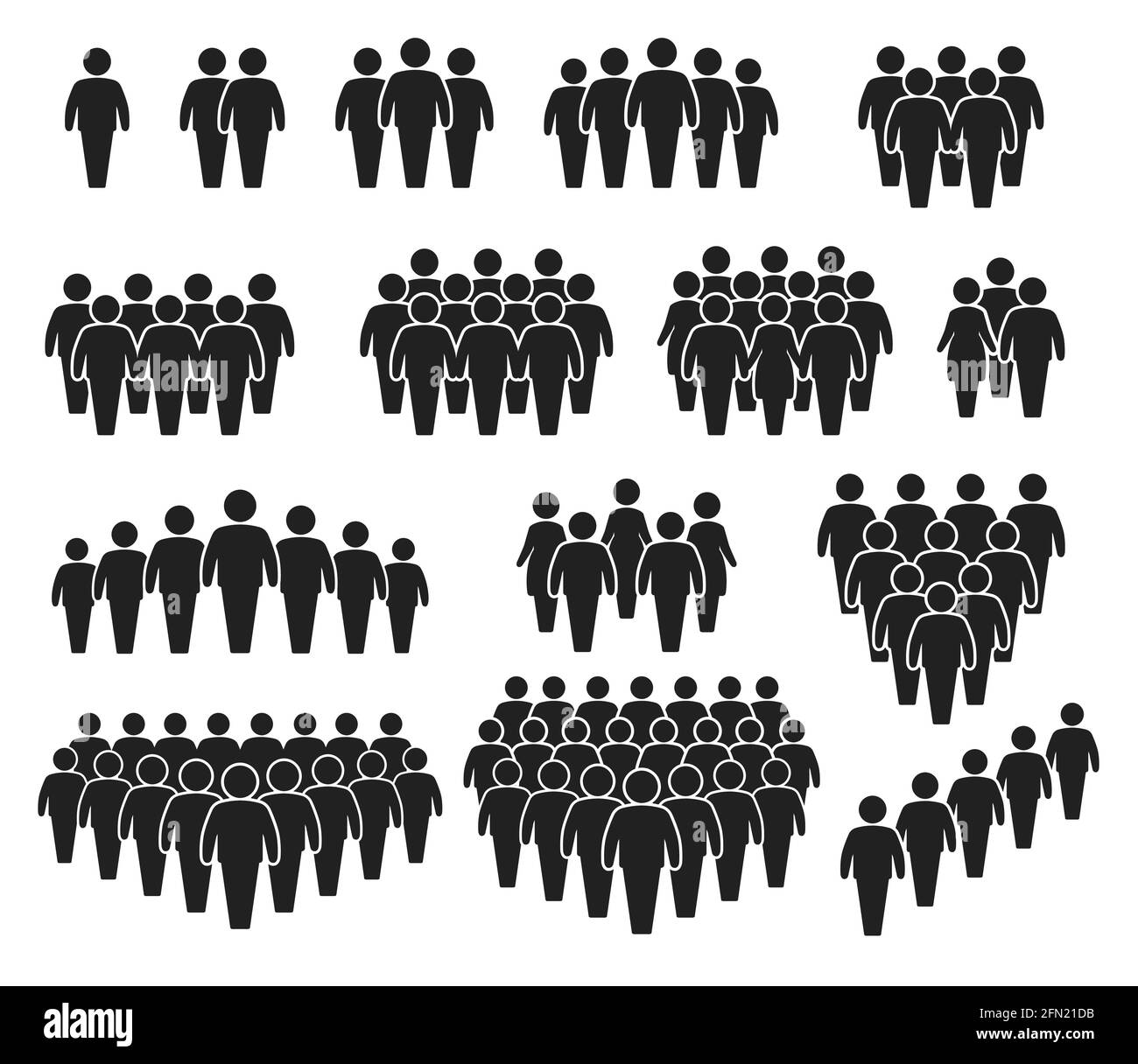 People crowd icons. Large group of people. Team of men or women. People gathering together, standing in queue. Person pictogram icon vector set. User group network, silhouettes for infographic Stock Vector
