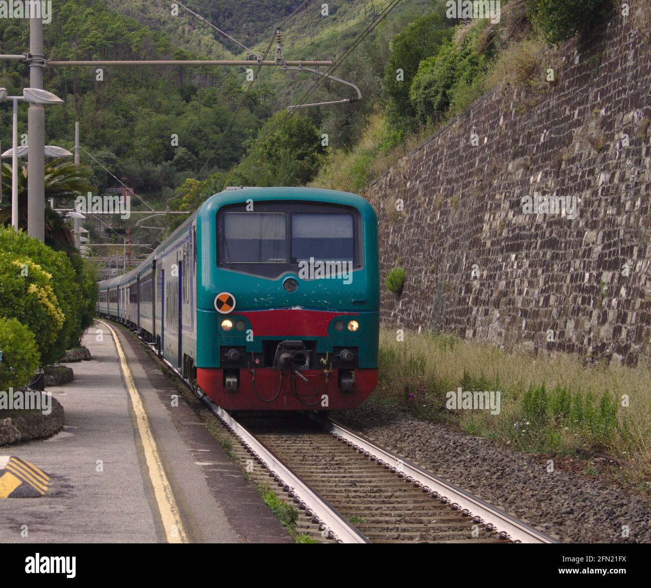 Electric green-red train on the station with plants in the background ...
