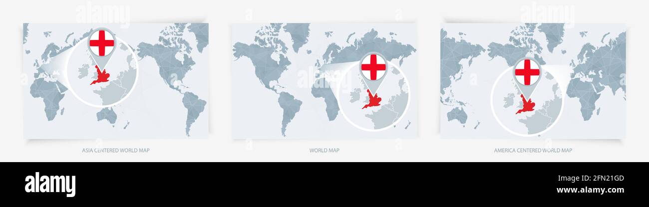 England To America Map Three Versions Of The World Map With The Enlarged Map Of England With Flag.  Europe, Asia, And America Centered World Maps Stock Vector Image & Art -  Alamy