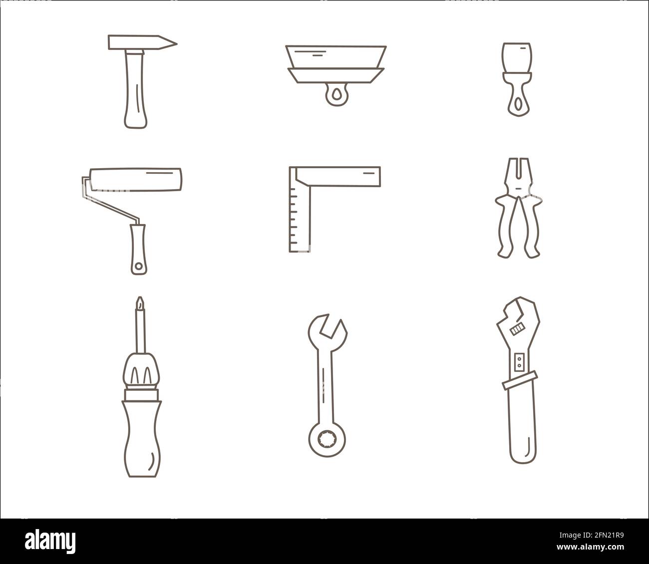 Hand repair tools icons set. including adjustable wrench ,hammer, hand