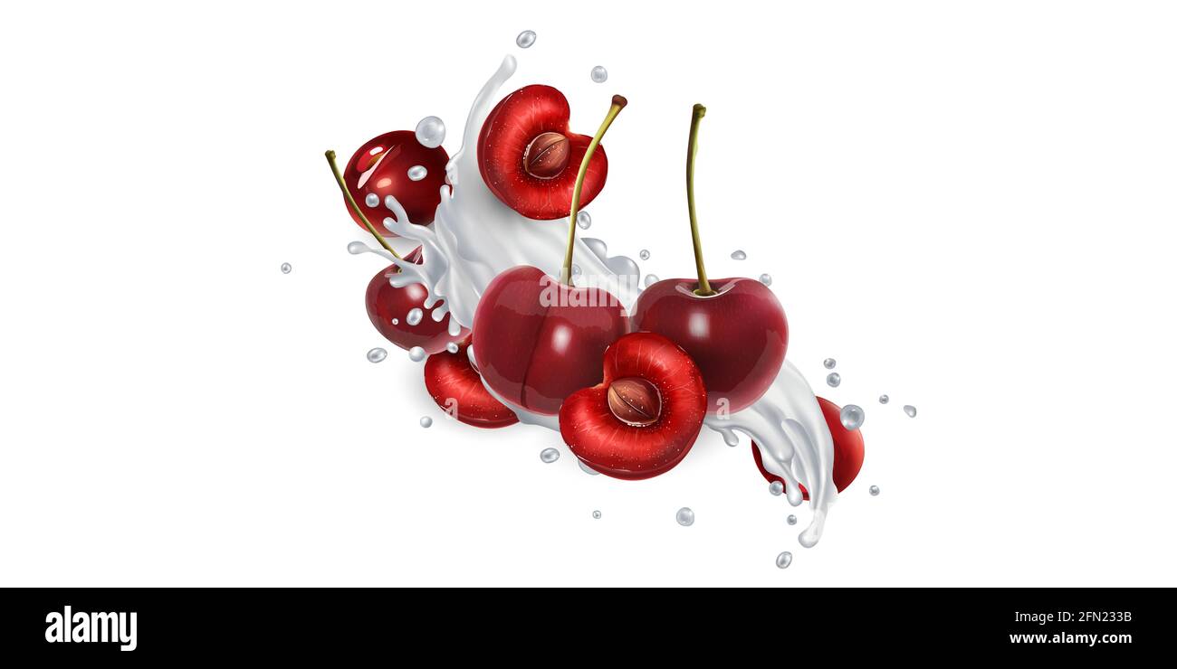 Cherries in splashes of milk or yogurt. Stock Photo