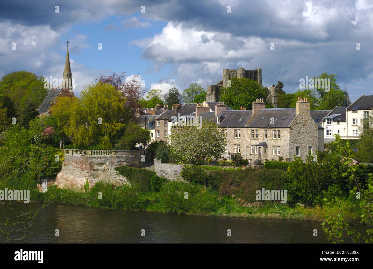 Houses beside the River Tweed in Kelso, Scottish Borders, Scotland, with Kelso Abbey and St Andrews Scottish Episcopal Church in the background. Stock Photo