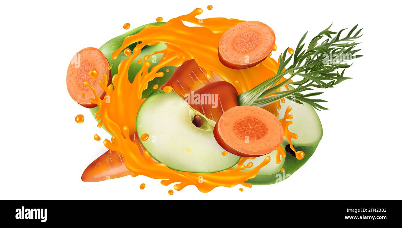 Carrots and green apples in a vegetable juice splash. Stock Photo