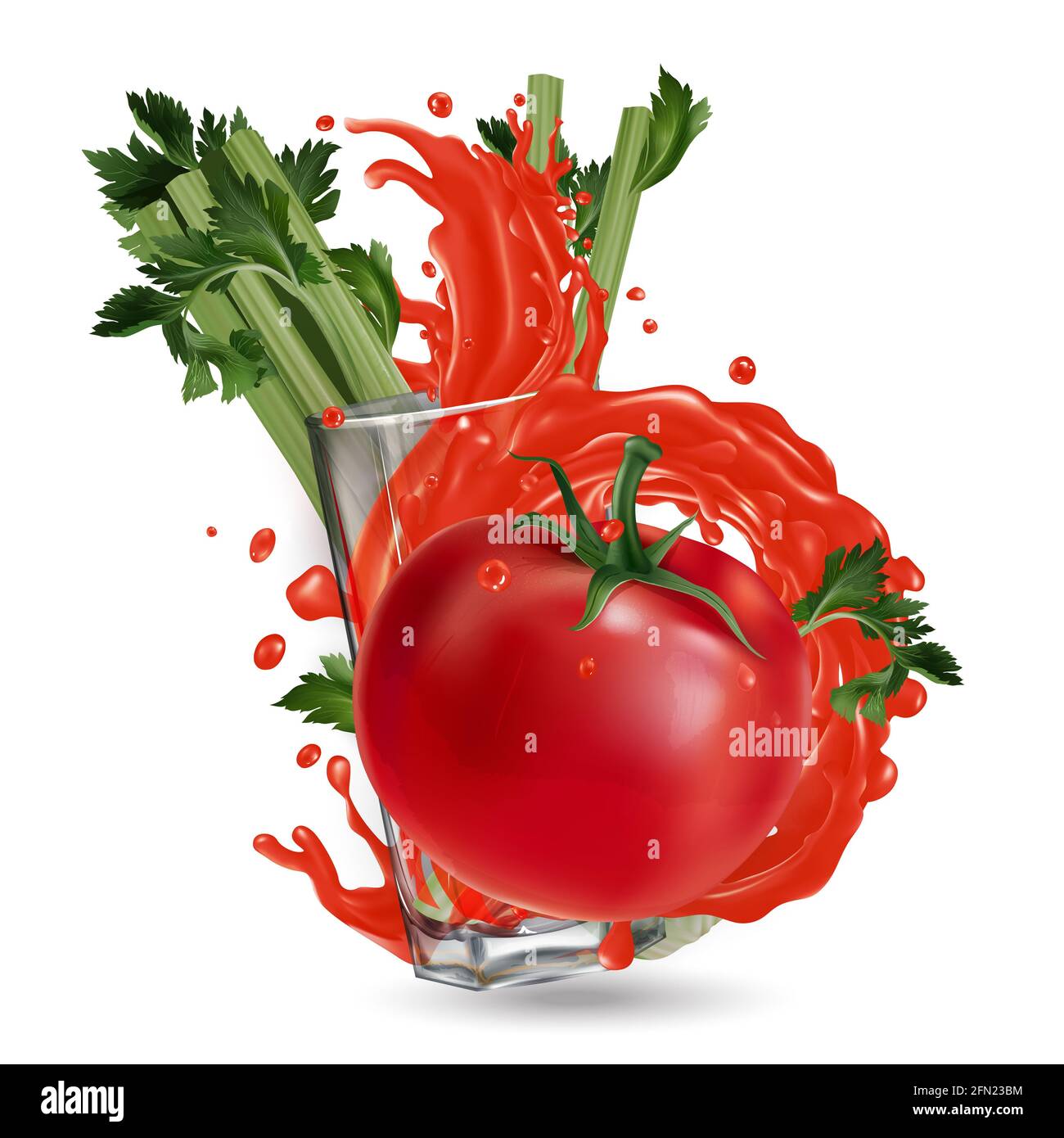 Tomato, celery and a glass with a splash of vegetable juice. Stock Photo