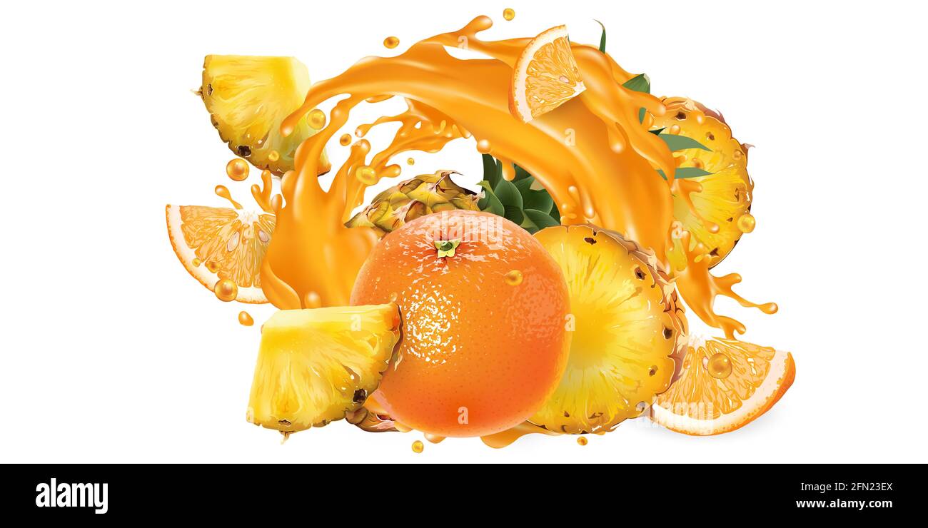 Pineapples and oranges in a juice splash. Stock Photo