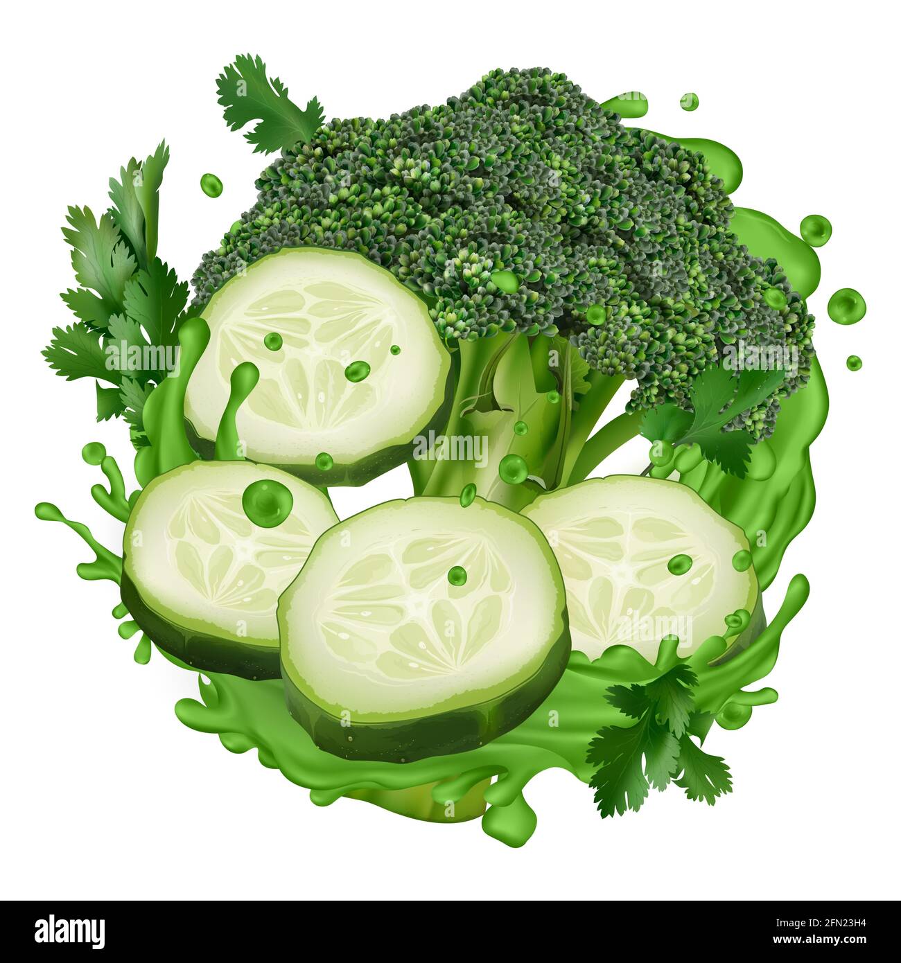 Green juice splash with broccoli and cucumber slices Stock Photo
