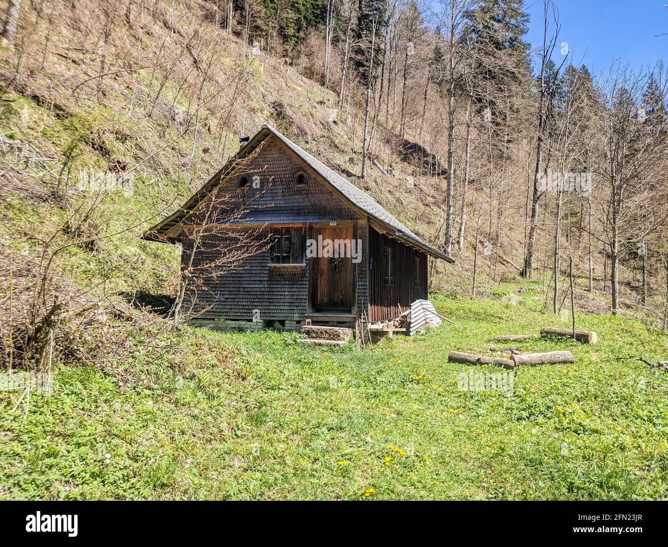 small wooden hut in the beautiful toessstock area. Hut in the middle of the forest in nowhere. relax in nature. Swiss Stock Photo