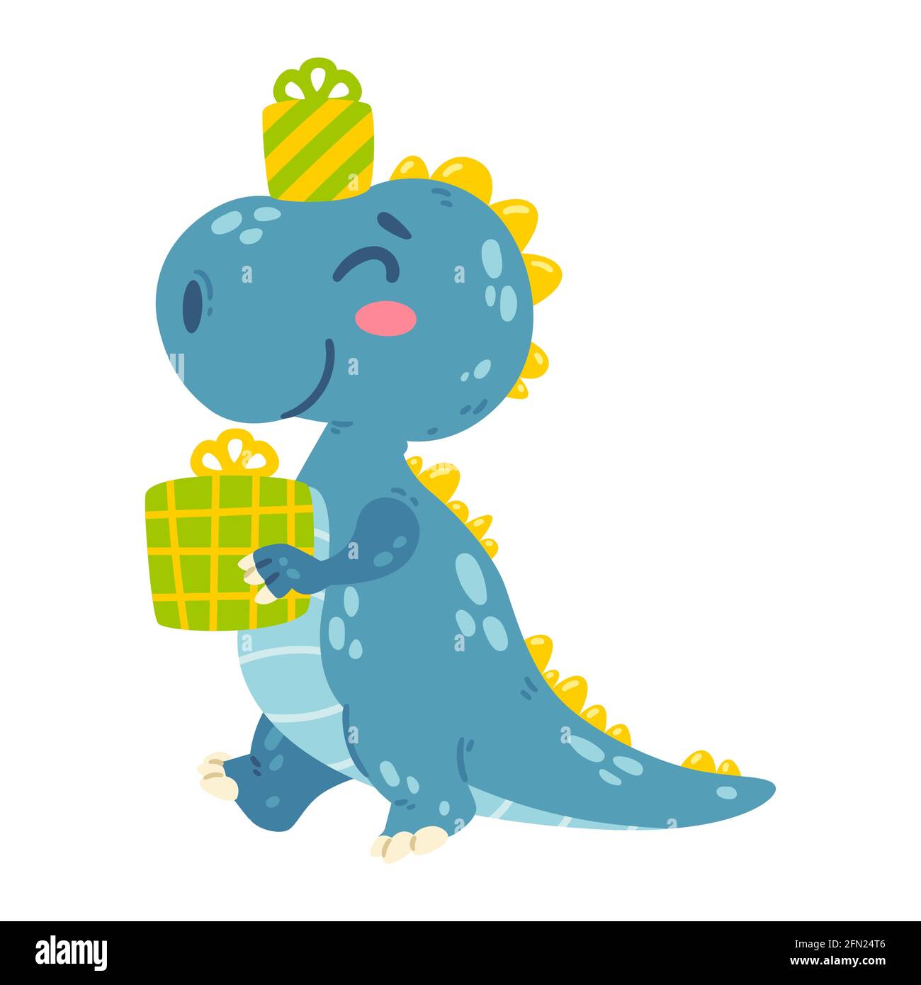Cute little dinosaur carries gifts. Dragon goes to the happy birthday party with presents. Character for the design of posters, postcards, clothing. P Stock Vector