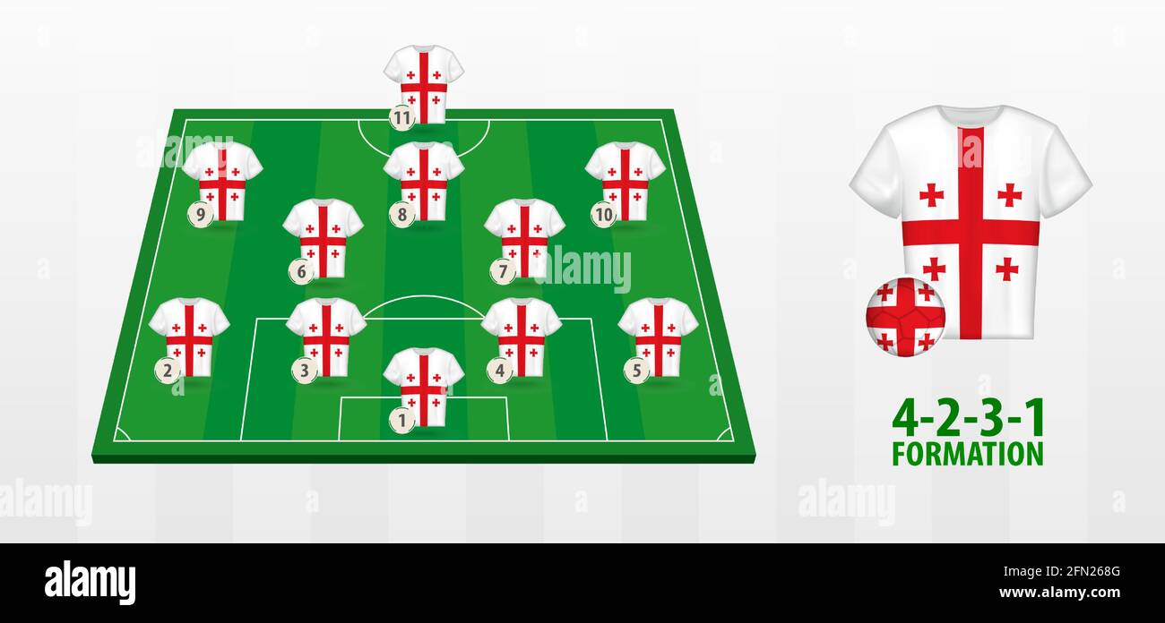 National Football Team Formation on Football Field. Half green field with soccer jerseys