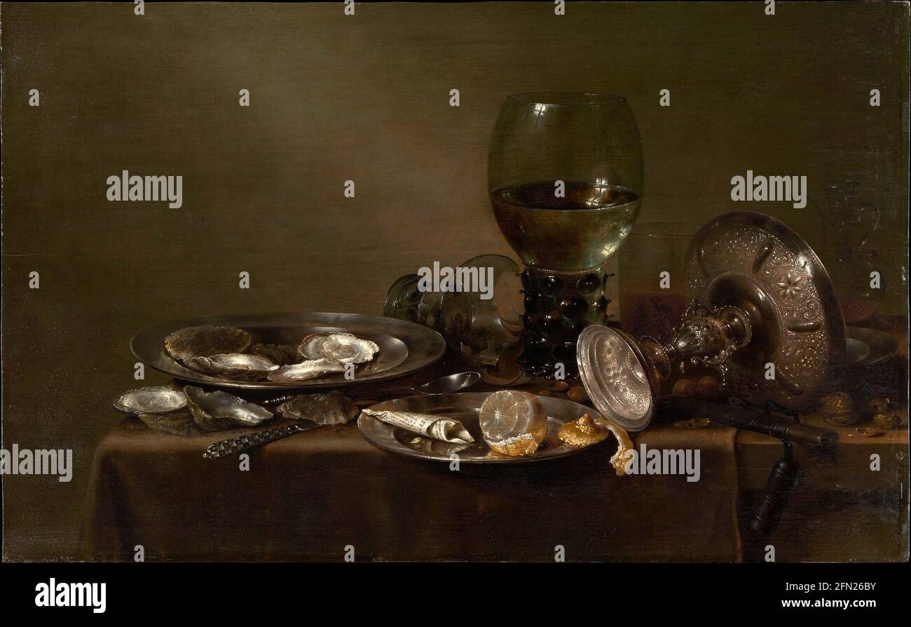 Still Life with Oysters, a Silver Tazza, and Glassware - 1635 by Willem Claesz Heda Stock Photo