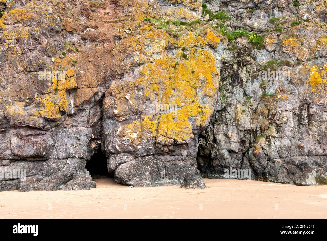 LUNAN BAY AND BEACH ANGUS SCOTLAND THE SOUTHERN SANDY BEACH AND CLIFFS WITH TWO CAVES Stock Photo