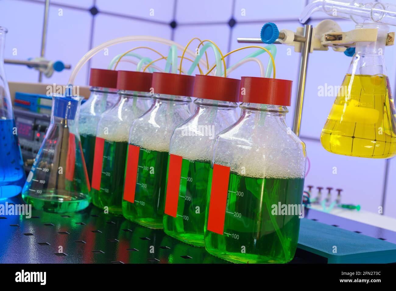 Experiments with obtaining electricity and bacteria processing industrial waste. Ecological electricity laboratory Stock Photo