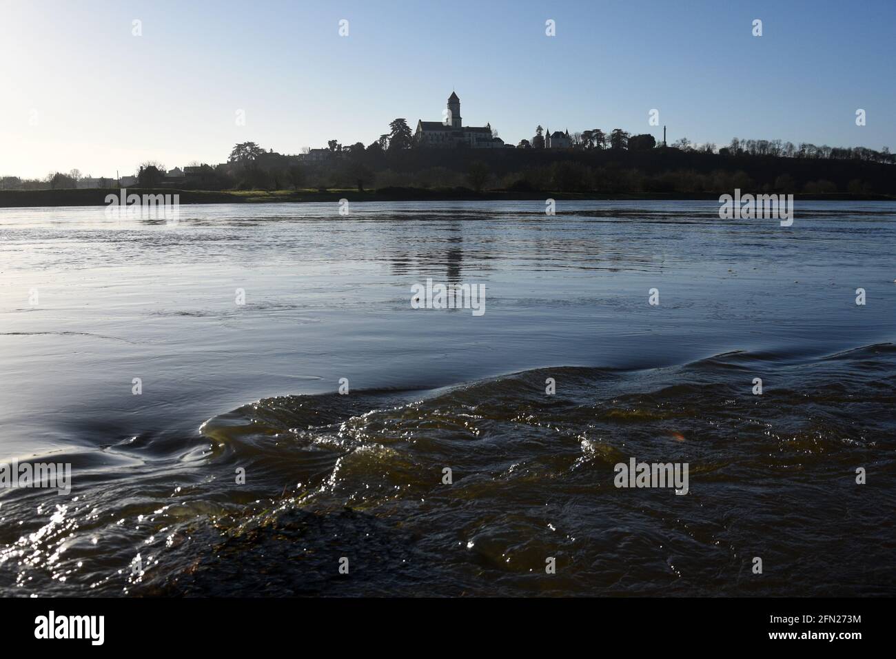 Loire River and the church of Saint florent le Vieil in the background Stock Photo