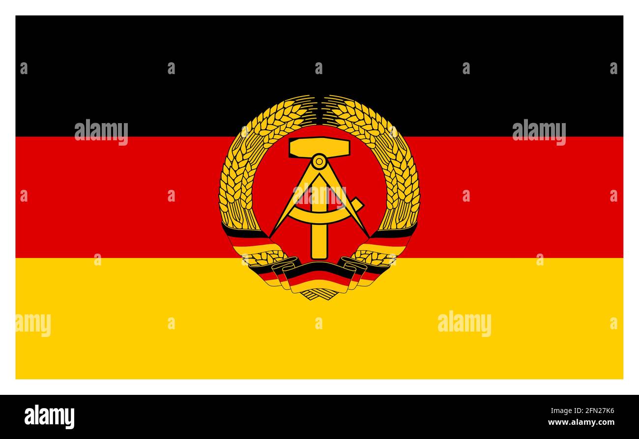 Vintage 1949 flag of East Germany the official national flag of the German Democratic Republic (East Germany) during its existence from 1949 to 1990. Flag of East Germany  The flag's design and symbolism are derived from the flag of the Weimar Republic and communist symbolism. The flag was outlawed as an unconstitutional and criminal symbol in West Germany and West Berlin, where it was referred to as the Spalterflagge (secessionist flag) until the late 1960s. Stock Photo