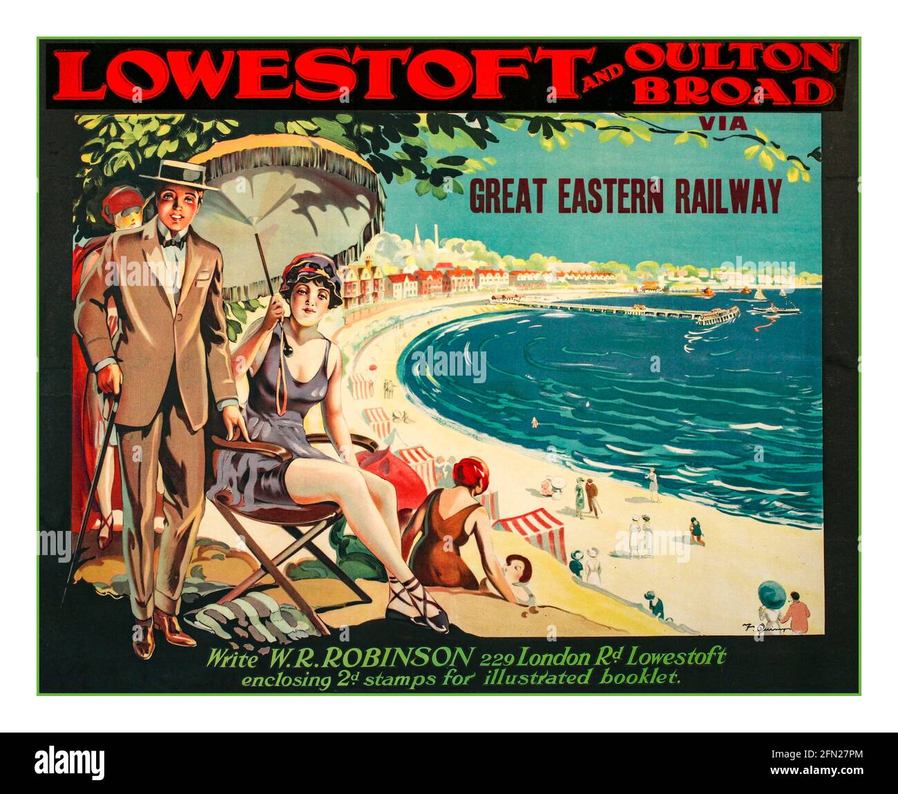 Vintage 1900’s Lowestoft & Oulton Broad Travel Railway Poster 1915 Artist: F Quinny  Lowestoft and Oulton Broad via Great Eastern Railway. Write W R Robinson, 229 London Road, Lowestoft enclosing 2d stamps for illustrated leaflet. UK Vintage Travel Poster Stock Photo