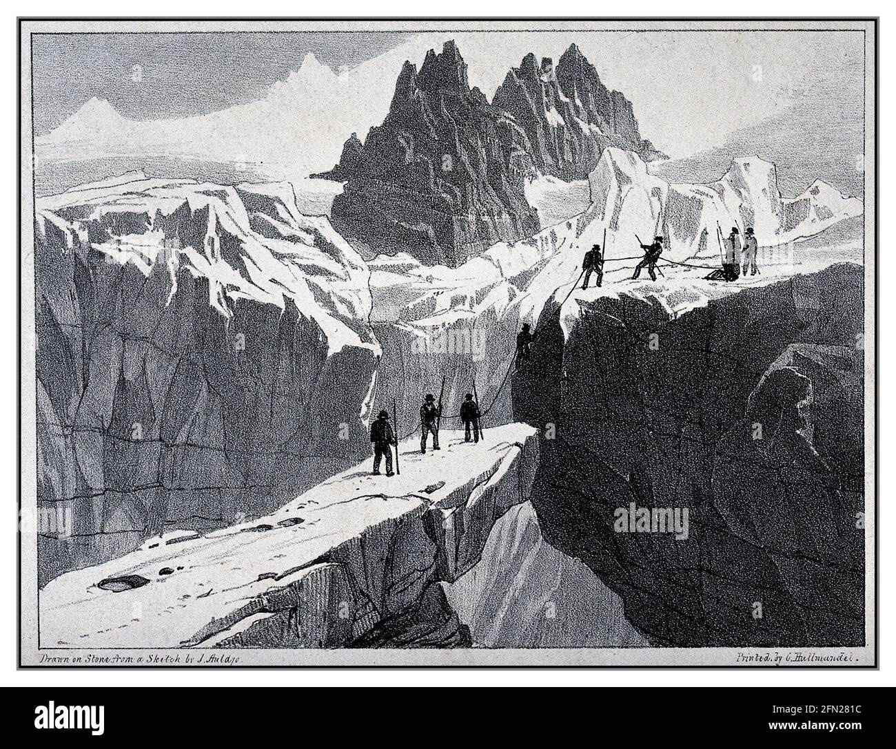 MONT BLANC AULDJO 1820’s ascent of Mont Blanc by John Auldjo's party in 1827, line B&W Lithograph Artwork John Richardson Auldjo (26 July 1805 – 6 May 1886), FRS, FRGS, was a Canadian-British traveller, geologist, writer and artist. He was British Consul at Geneva. He was a close friend of Edward Bulwer-Lytton and a member of Sir William Gell's inner circle at Naples. Stock Photo
