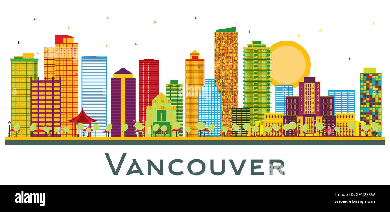 Vancouver Canada City Skyline with Color Buildings Isolated on White. Vector Illustration. Business Travel and Tourism Concept. Stock Vector