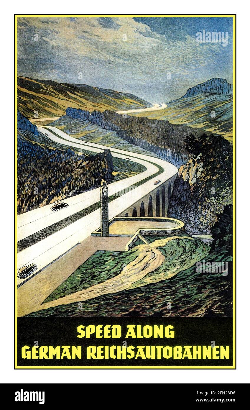 1936 Nazi Germany Autobahn Motorway Propaganda Poster 'Speed along German Reichsautobahnen' with German Eagle and Nazi Swastika emblem featured on stone marker pillar The Reichsautobahn system was the beginning of the German autobahns under the Third Reich. There had been previous plans for controlled-access highways in Germany under the Weimar Republic, and two had been constructed, but work had yet to start on long-distance highways. After previously opposing plans for a highway network, the Nazis embraced them after coming to power and presented the project as Hitler's own idea. Stock Photo