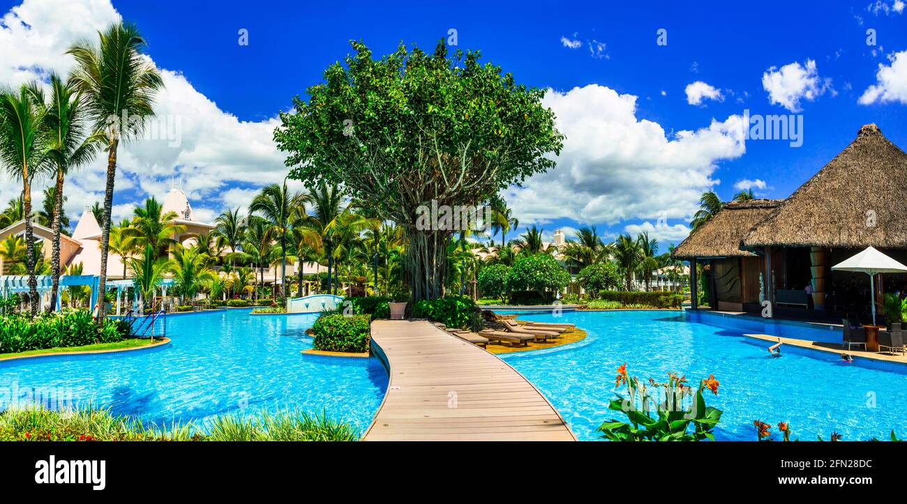 Tropical holidays .Resort & Spa Luxury hotel Mauritius. Splendid territori with swim pool and bars.november 2016 Stock Photo