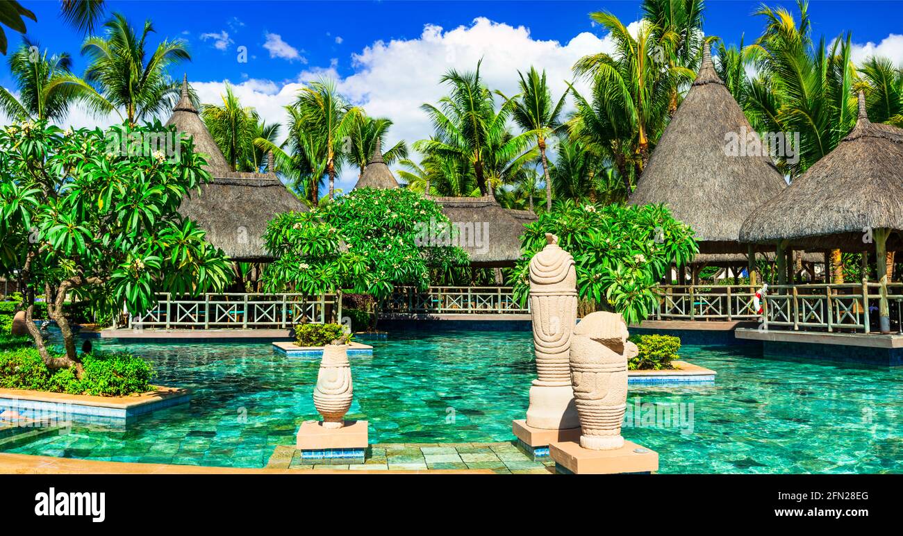 Tropical holidays .La Pirogue Resort & Spa Luxury hotel Mauritius. Splendid territori with swim pool and bars.november 2016 Stock Photo