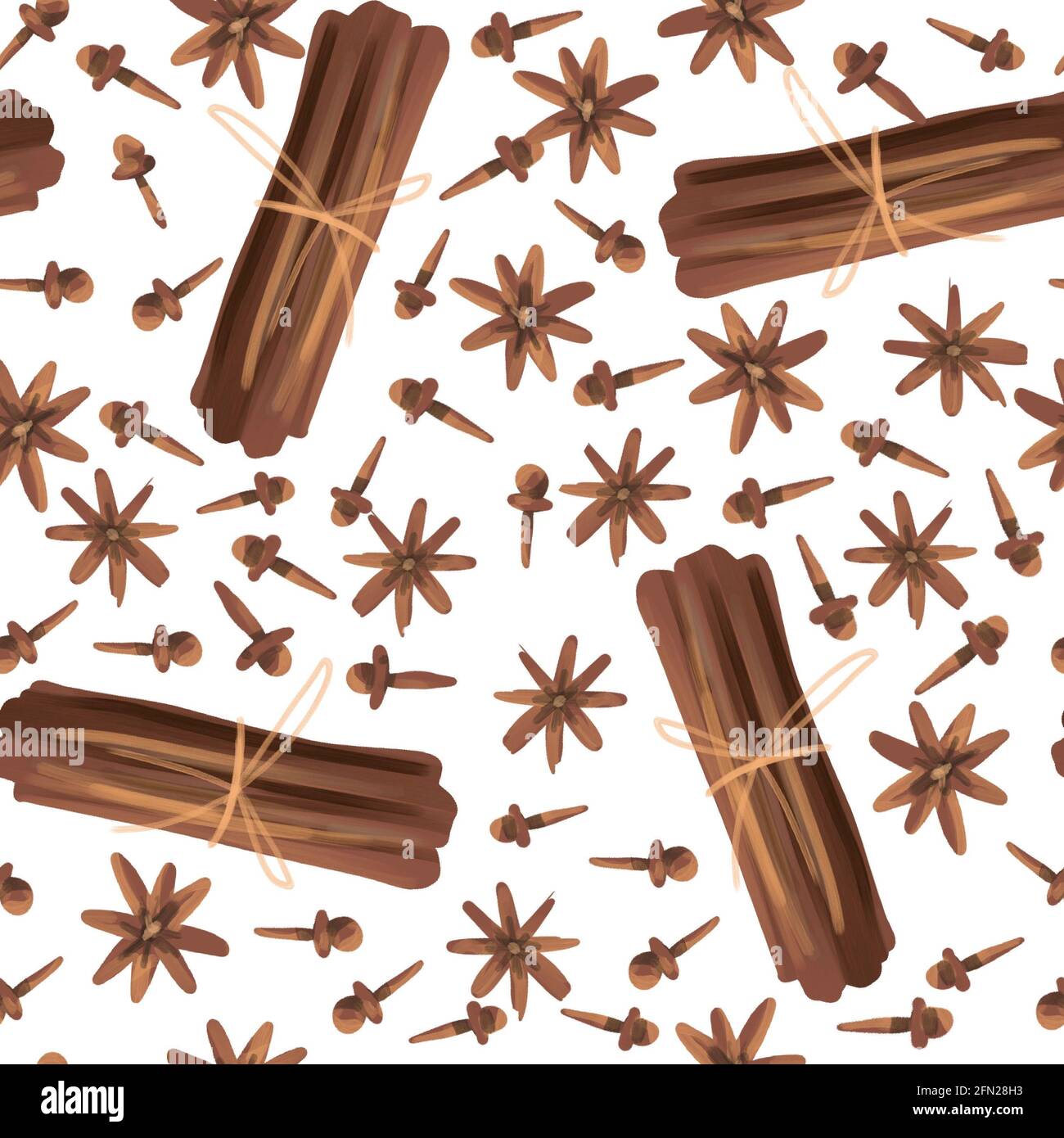 Seamless pattern with spices cloves, star anise, cinnamon sticks on