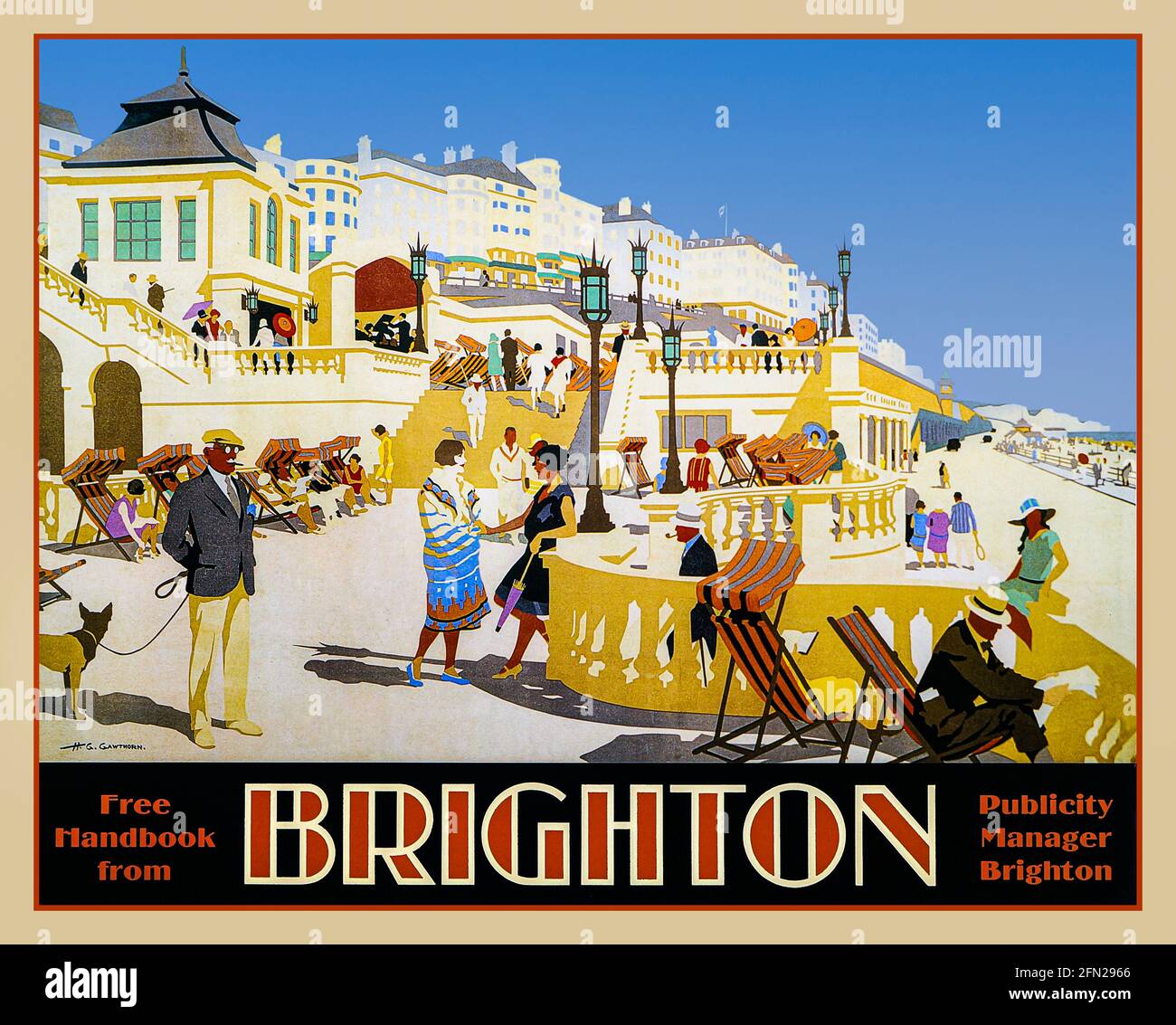 BRIGHTON POSTER RETRO 1930's Vintage BRIGHTON Travel Poster by H. G. Gawthorn Great Britain UK illustration lithograph Seafront Coast & Sea Stock Photo