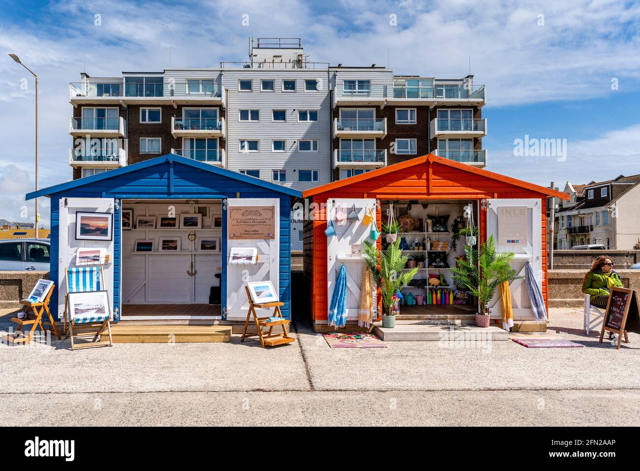 Colourful ‘Beach Hut’ Shops On The Seafront, Seaford, East Sussex, UK. Stock Photo
