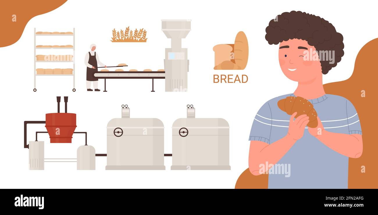 Bakery factory food industry, production process with baking bread vector illustration. Cartoon young boy character holding croissant baked product from bakery, baker chef worker cooking background Stock Vector