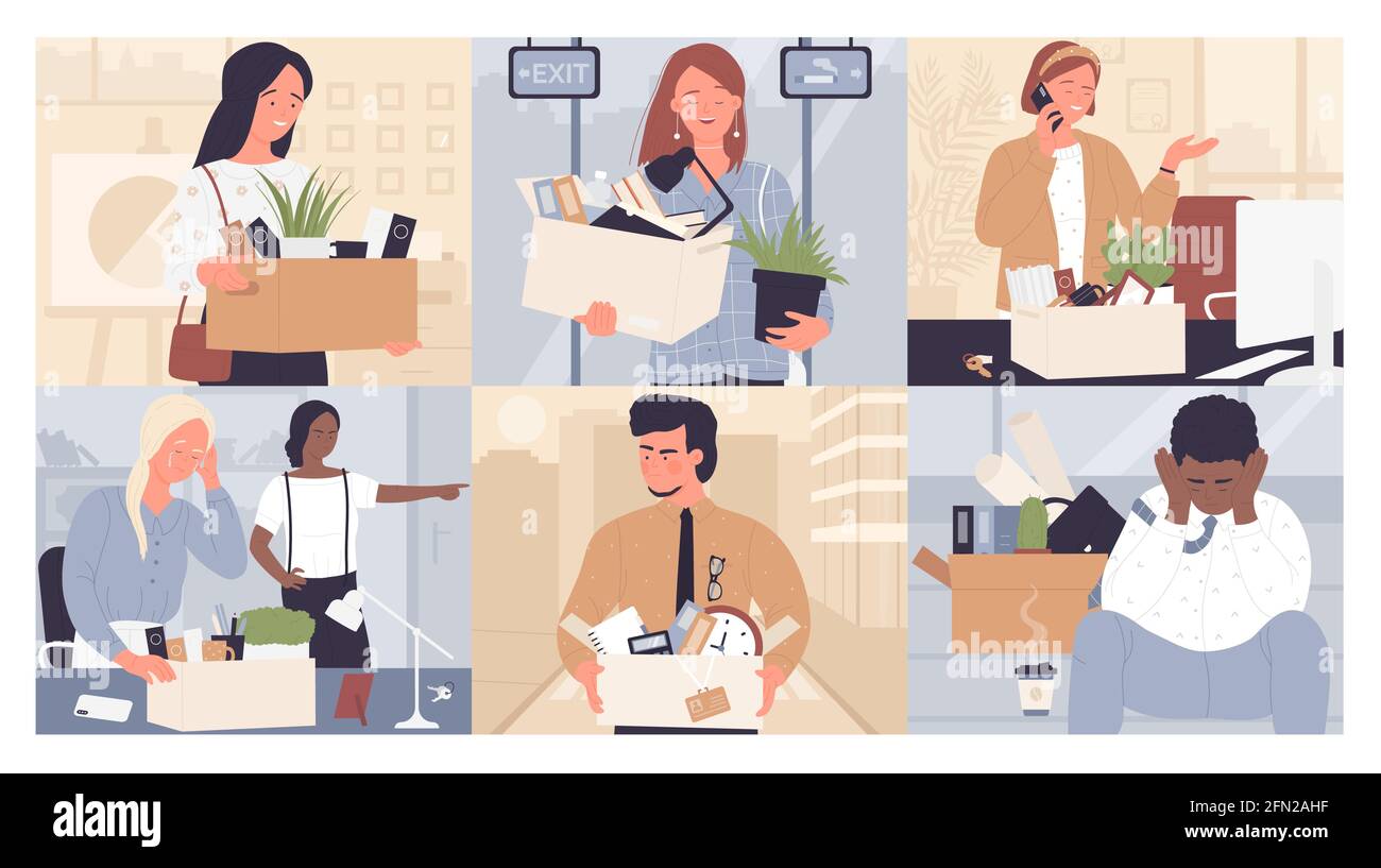 Employee replacement, dismissal vector illustration set. Cartoon young sad or happy business people dismissed from job, holding box of things, man woman fired staff characters leave office background Stock Vector