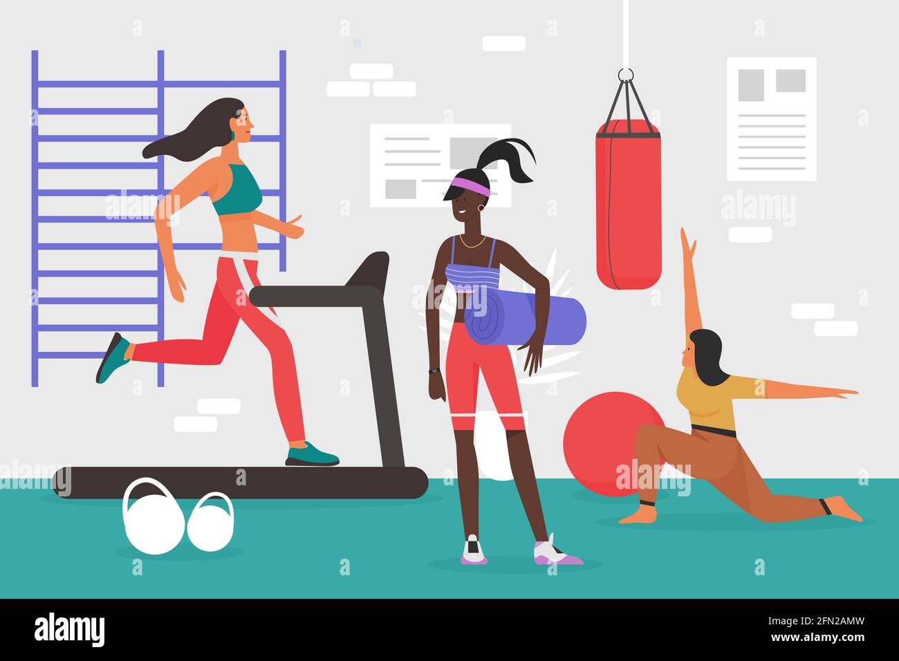 People doing sports workout in gym vector illustration. Cartoon young  sportive woman characters in sportswear training body, girls run on  treadmill, practice yoga pilates healthy exercise background Stock Vector  Image & Art 