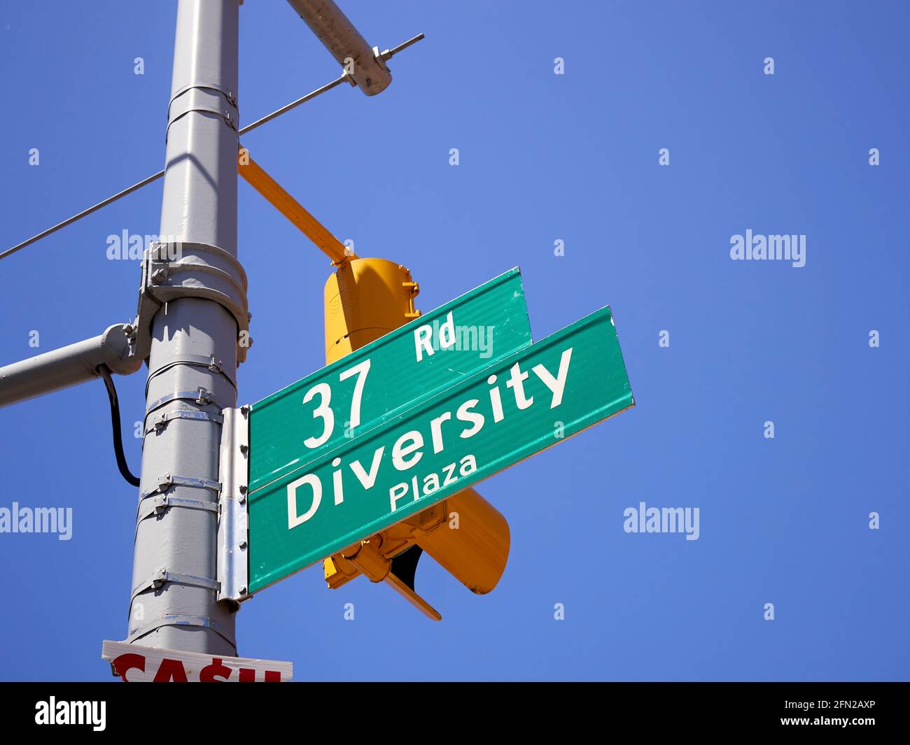 Diversity Plaza street sign, Jackson Heights, Queens, New York, USA