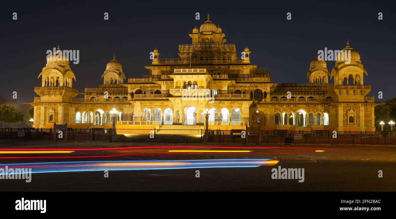 Closeup shot of the Albert Hall Museum in Jaipur in India at night