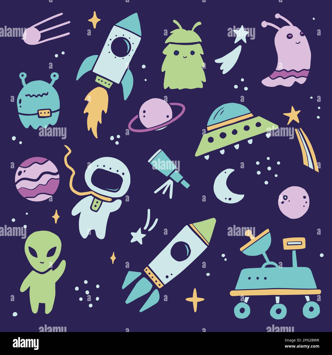 Cute Cartoon Space Set Rocket Astronaut Planet Ufo Alien Hand 