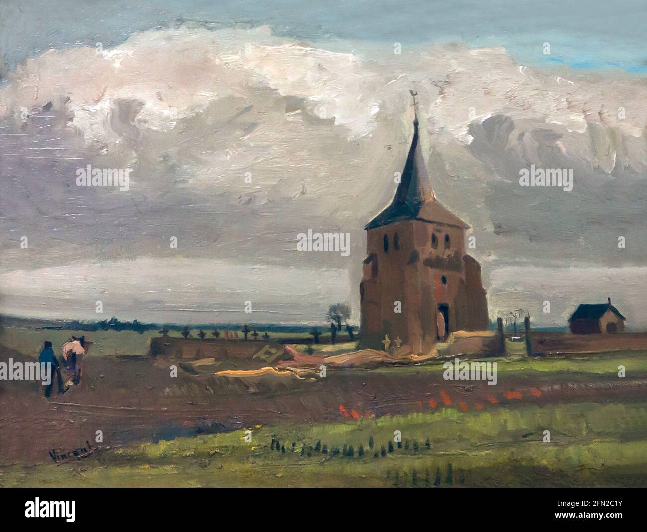 The Old Tower at Nuenen with a Ploughman, Vincent van Gogh, 1884,Kroller-Muller Museum, Hoge Veluwe National Park, Otterlo, Netherlands, Europe Stock Photo