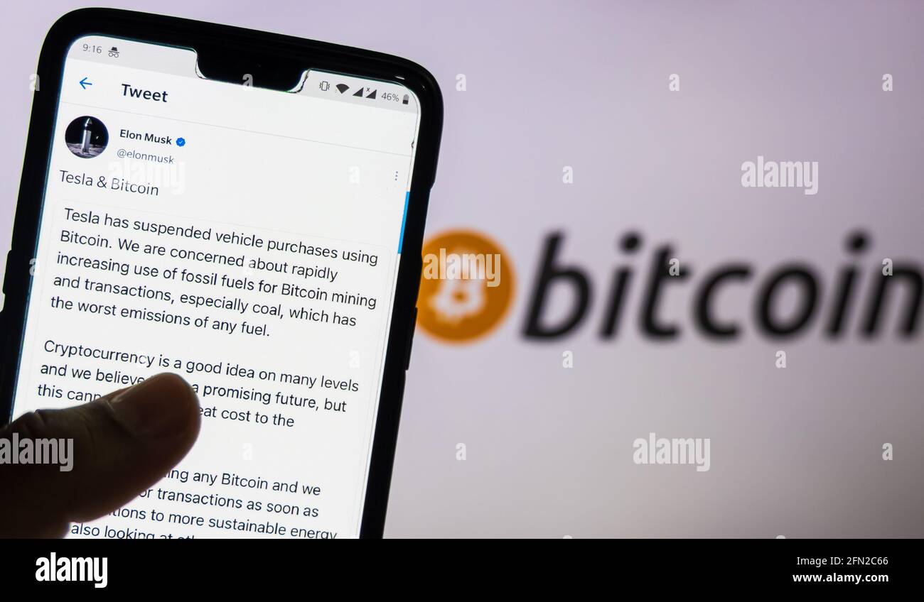 Elon Musk tweets that Tesla will be suspending transactions using Bitcoin  and are looking for alternative cryptocurrencies that use less than 1  percen Stock Photo - Alamy