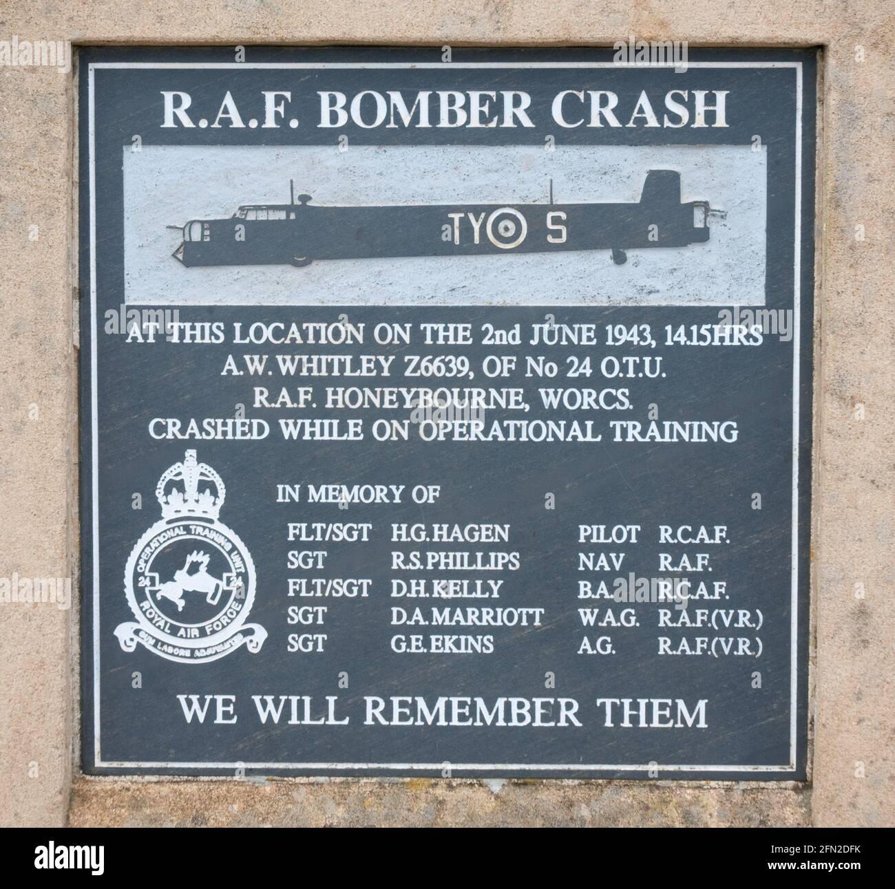 Memorial at RAF Bomber crash site near Broadway Tower in the Cotswolds. Stock Photo