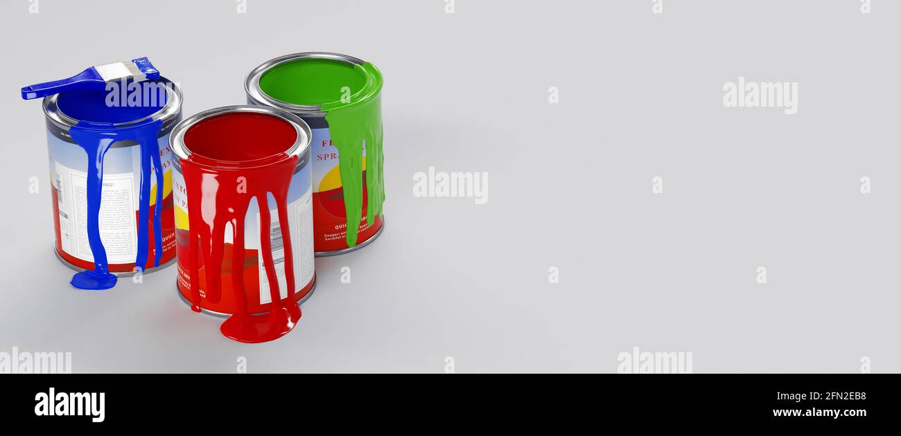 Banner. Multicolored Paint Cans on White. 3d rendering Stock Photo