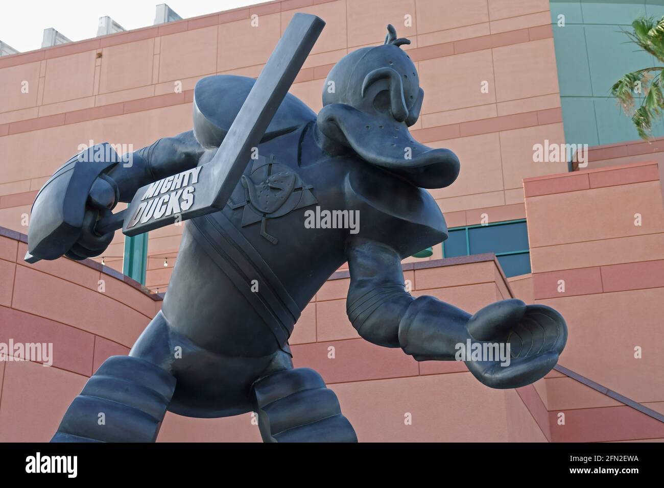 Anaheim, CA / USA - May 12, 2019: A statue by artist Stephen Landis, entitled “Defending the Pond,” is shown outside the Honda Center (home of the Ana Stock Photo