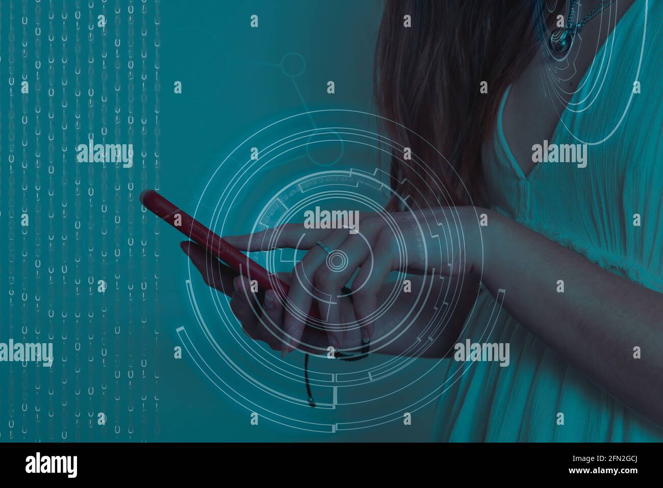 woman futuristic  phone coding cyber space,  business and innovation digital technology artificial intelligence big data cloud computing concept Stock Photo