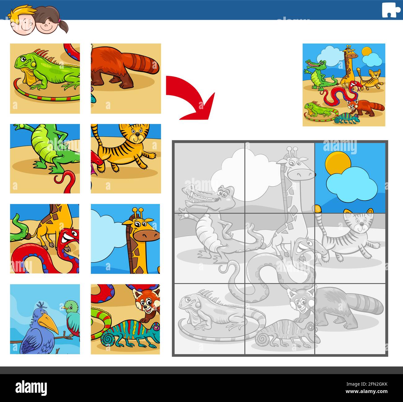 Cartoon illustration of educational jigsaw puzzle game for children ...