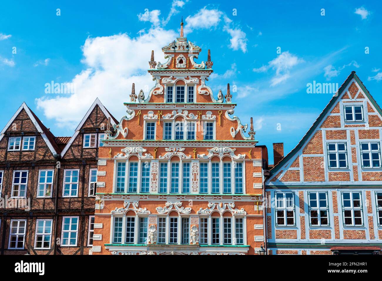 Old classic building of Weser Renaissance style and medieval houses in Hansestadt Stade, Lower Saxony, Germany Stock Photo