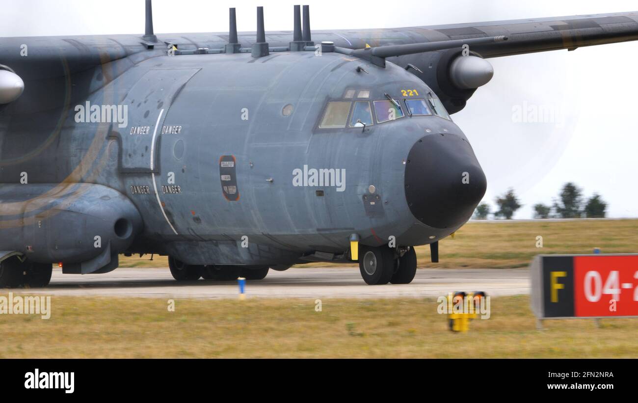 Evreux Air Base France JULY, 14, 2019 Transall C-160G Gabriel, the electronic warfare variant of C-160 of French Air Force, military aircraft taxiing on the runway. Close up Stock Photo